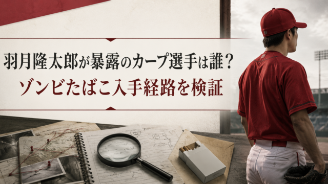 羽月隆太郎が暴露したカープ選手とゾンビたばこの入手経路を検証する記事のアイキャッチ画像。赤いユニフォームの野球選手の後ろ姿と、調査資料・虫眼鏡・たばこの箱が描かれている。