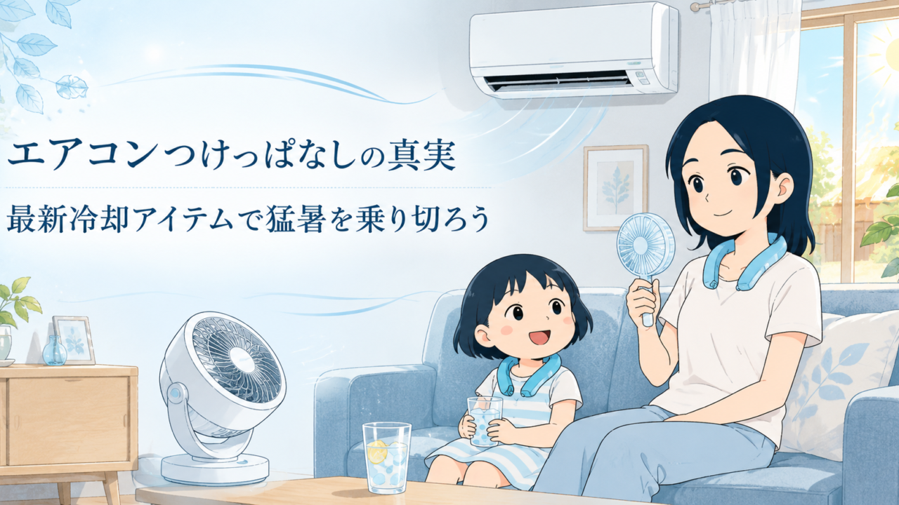 エアコンつけっぱなしの電気代や猛暑対策を解説するブログ用アイキャッチ画像。壁掛けエアコンのある夏のリビングで、親子が首掛け冷却アイテムやハンディファン、サーキュレーターを使って涼んでいる様子をやさしいアニメ調で描いている。