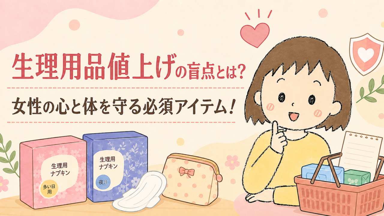 生理用品の値上げと、女性の心と体を守る必須アイテムについて紹介する、やさしいアニメ風のブログ用アイキャッチ画像。