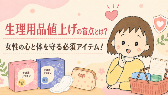 生理用品の値上げと、女性の心と体を守る必須アイテムについて紹介する、やさしいアニメ風のブログ用アイキャッチ画像。