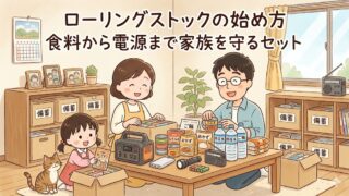 ローリングストックの始め方をテーマに、家族が食料・水・防災グッズ・ポータブル電源を整理しているアニメ風アイキャッチ画像。備蓄品を日常に取り入れながら、家族で災害や停電に備える様子が描かれている。