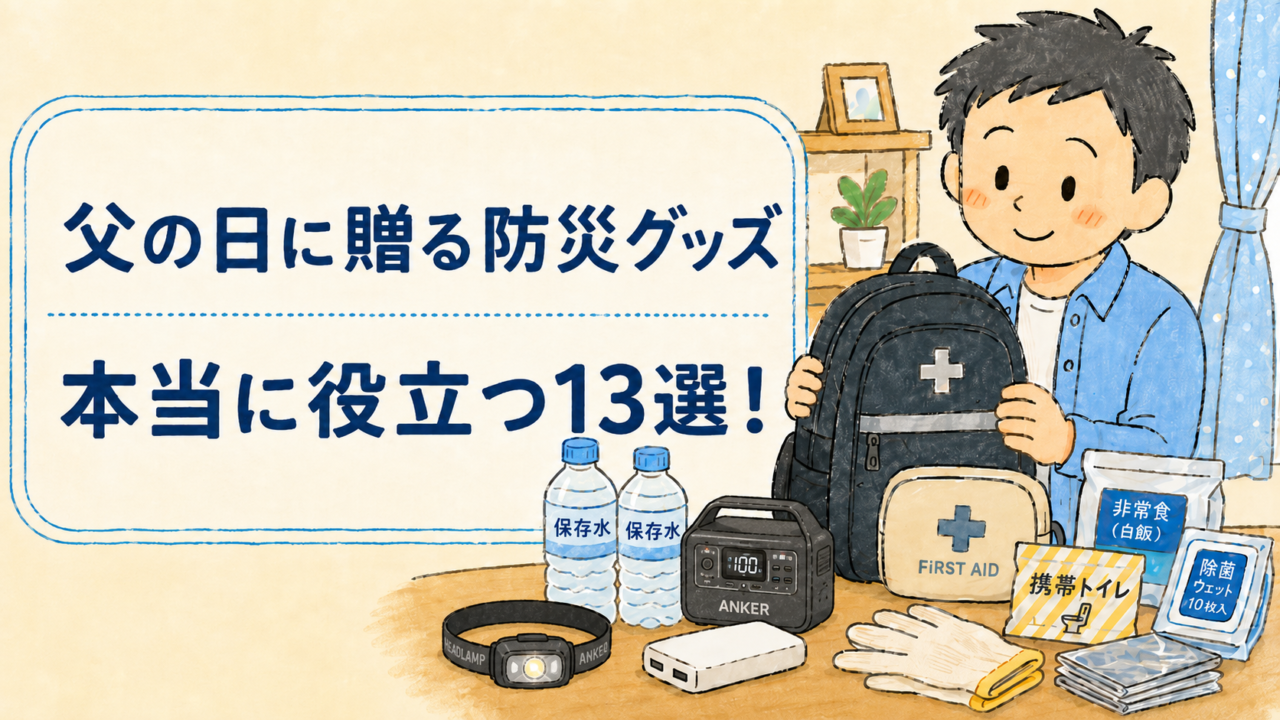 父の日に贈る防災グッズ13選。防災リュックを持つ父親と、保存水、ヘッドライト、Ankerの小型ポータブル電源、非常食、携帯トイレ、救急セットなどの防災用品を描いたイラスト。