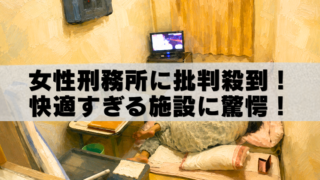女性刑務所の個室を描いた油絵風イラストと「女性刑務所に批判殺到！快適すぎる施設に驚愕！」の文字。