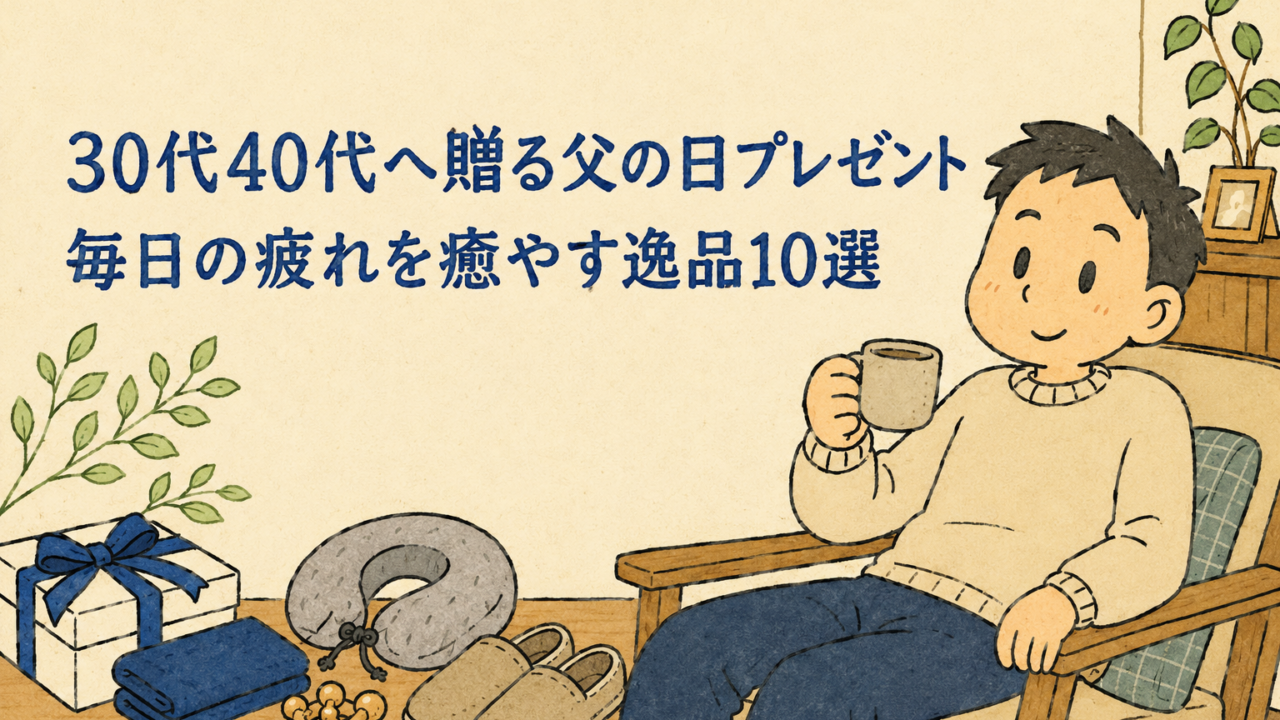 30代40代の父の日プレゼント特集。くつろぐ父親と、ネックピローやスリッパなど疲れを癒やすギフトを描いたイラスト。