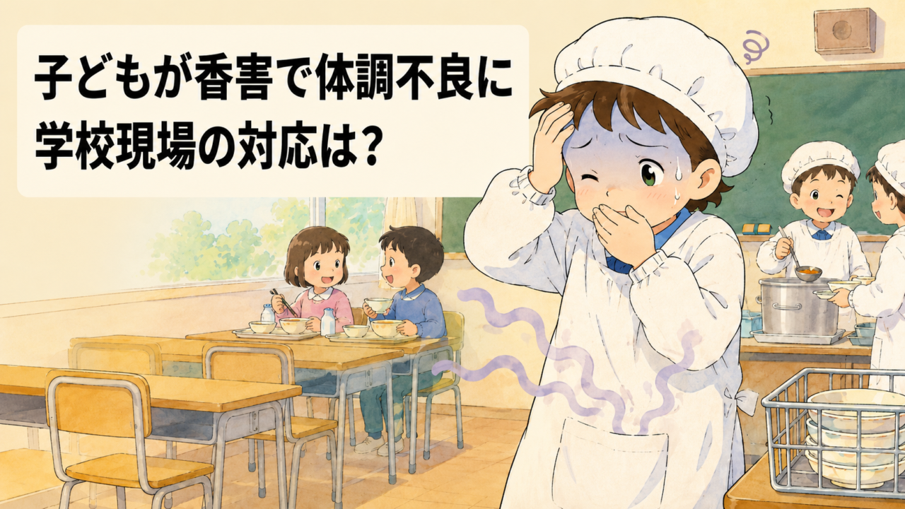 学校給食中に香害で体調不良になった児童と、教室で給食を食べる子どもたちを描いたイラスト。「子どもが香害で体調不良に 学校現場の対応は？」の文字。