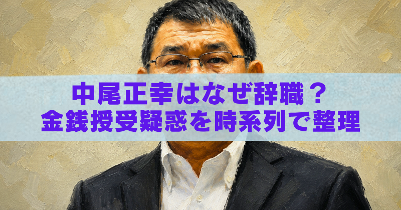 中尾正幸の油絵風アイキャッチ画像。議員辞職の理由や金銭授受疑惑を時系列で整理したタイトル入り。