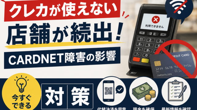 CARDNET障害でクレジットカードが使えない店舗が続出したことを伝えるアイキャッチ画像