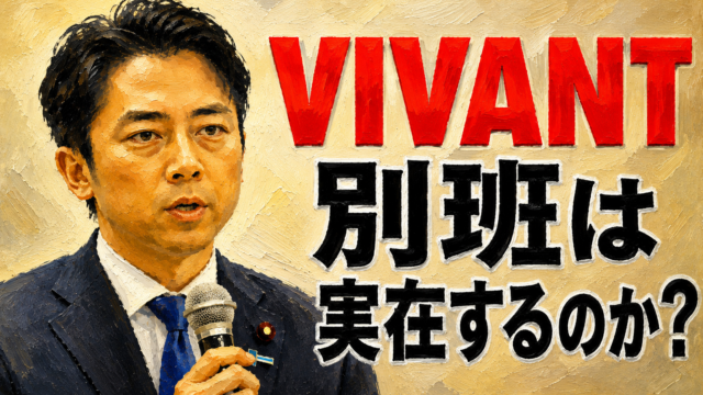 小泉進次郎防衛相がマイクを持つ油絵風画像と、「VIVANT 別班は実在するのか？」の文字。