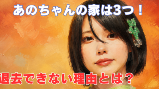 「あのちゃんの家は3つ！退去できない理由とは？」の文字と、オレンジ色の背景に描かれた女性の油絵風イラスト。