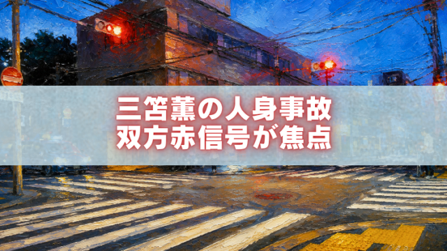 夕暮れの交差点を描いた油絵風のアイキャッチ画像。中央に「三笘薫の人身事故 双方赤信号が焦点」という文字が入っている。