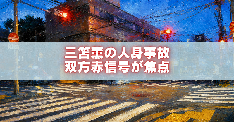 夕暮れの交差点を描いた油絵風のアイキャッチ画像。中央に「三笘薫の人身事故 双方赤信号が焦点」という文字が入っている。