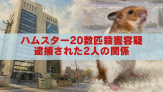 ハムスターと高校の建物を背景に、「ハムスター20数匹殺害容疑 逮捕された2人の関係」と書かれたアイキャッチ画像