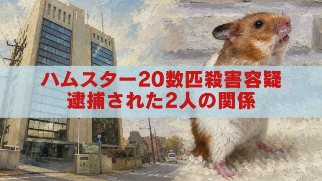 ハムスターと高校の建物を背景に、「ハムスター20数匹殺害容疑 逮捕された2人の関係」と書かれたアイキャッチ画像