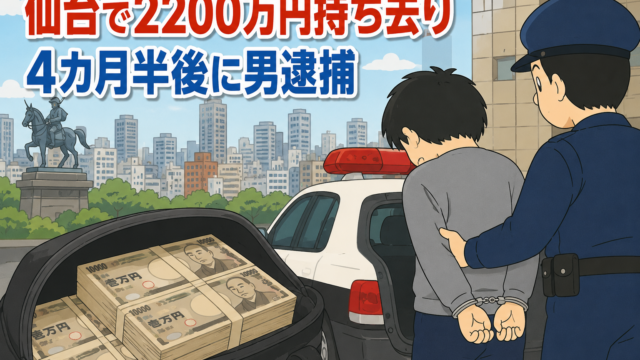 仙台で2200万円持ち去り、4カ月半後に男逮捕」の文字と、現金入りのバッグや逮捕される男、警察官を描いたイラスト