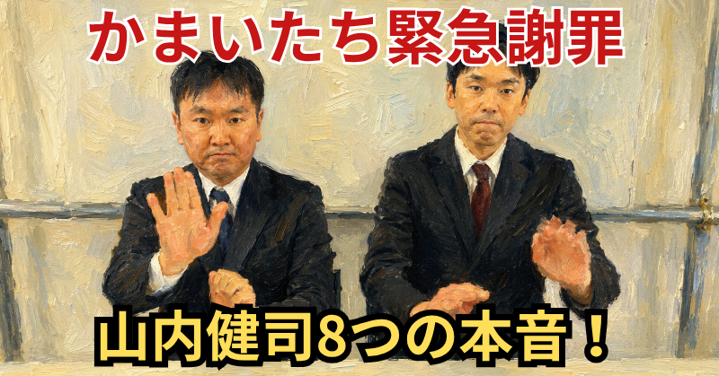 謝罪会見で手を挙げる「かまいたち」の2人を描いた油絵風画像。「かまいたち緊急謝罪 山内健司8つの本音！」の文字。