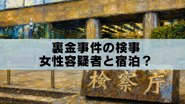油絵風に加工した検察庁庁舎のアイキャッチ画像。「裏金事件の検事 女性容疑者と宿泊？」のタイトル入り
