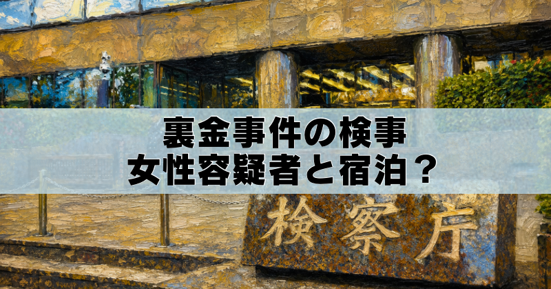 油絵風に加工した検察庁庁舎のアイキャッチ画像。「裏金事件の検事 女性容疑者と宿泊?」のタイトル入り