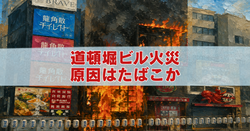 道頓堀ビル火災の現場をイメージした炎上する建物のアイキャッチイラスト