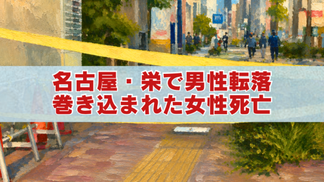 名古屋・栄の転落事故現場をイメージした規制線のある路上のアイキャッチイラスト