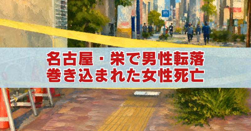 名古屋・栄の転落事故現場をイメージした規制線のある路上のアイキャッチイラスト