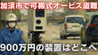 加須市の駐車場で可搬式オービスと警察官を描いた油絵風画像。「加須市で可搬式オービス盗難 900万円の装置はどこへ」の文字。