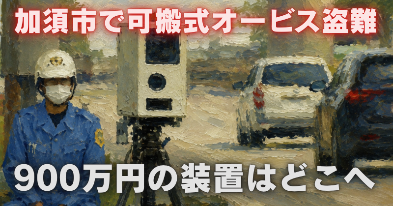 加須市の駐車場で可搬式オービスと警察官を描いた油絵風画像。「加須市で可搬式オービス盗難 900万円の装置はどこへ」の文字。