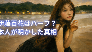 湖畔を背景にした伊藤百花の油絵風イラストと、「伊藤百花はハーフ？本人が明かした真相」の文字。