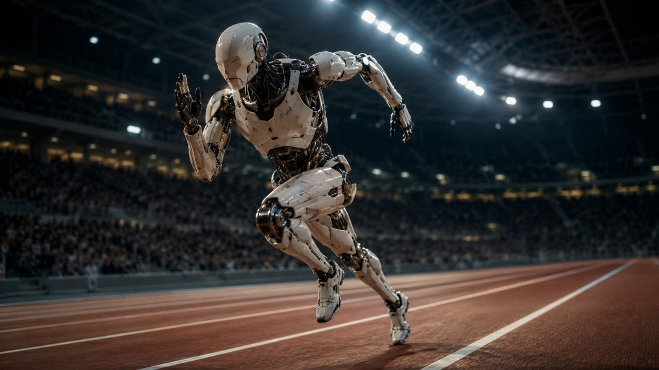 夜の競技場のトラックを全力で走る人型ロボット