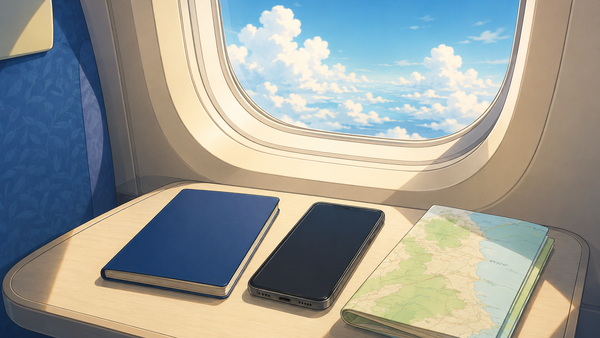 機内の窓から見える青空と、窓際のテーブルに置かれた手帳とスマホと地図