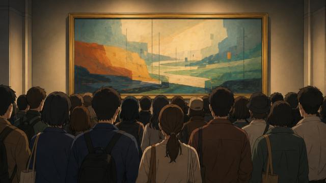 混雑する美術展の展示室で絵を見る来場者たち