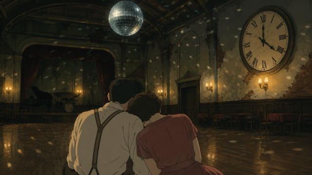 人のいない古いダンスホールで寄りかかり合う男女の後ろ姿と壁の大きな時計