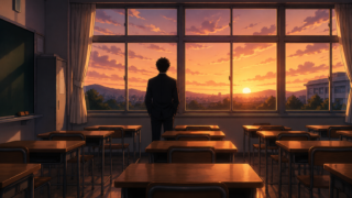 夕暮れの誰もいない教室で窓の外を見つめる教師の後ろ姿