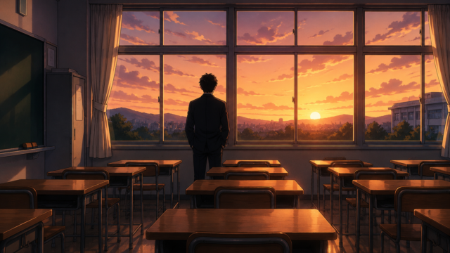 夕暮れの誰もいない教室で窓の外を見つめる教師の後ろ姿