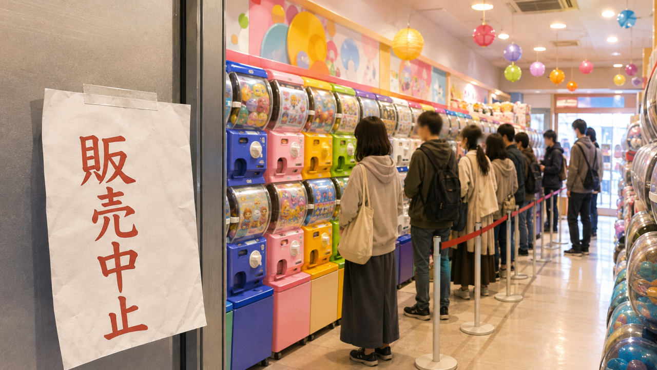 カプセルトイ専門店の店内でガチャの前に順番待ちの列ができている様子