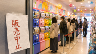 カプセルトイ専門店の店内でガチャの前に順番待ちの列ができている様子