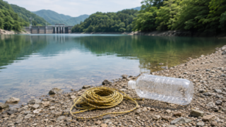 ダム湖の岸辺に置かれたロープと空のペットボトル