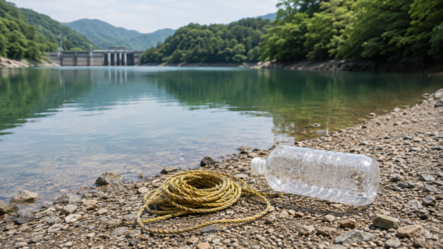 ダム湖の岸辺に置かれたロープと空のペットボトル