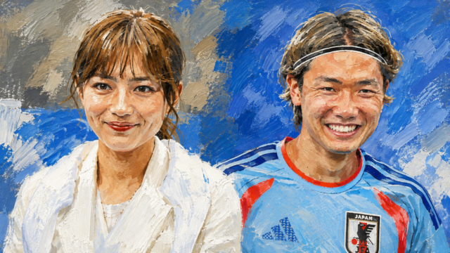 女優・川口春奈さんとサッカー日本代表DF・板倉滉選手を油絵風に描いた、結婚報道をイメージしたブログのアイキャッチ画像