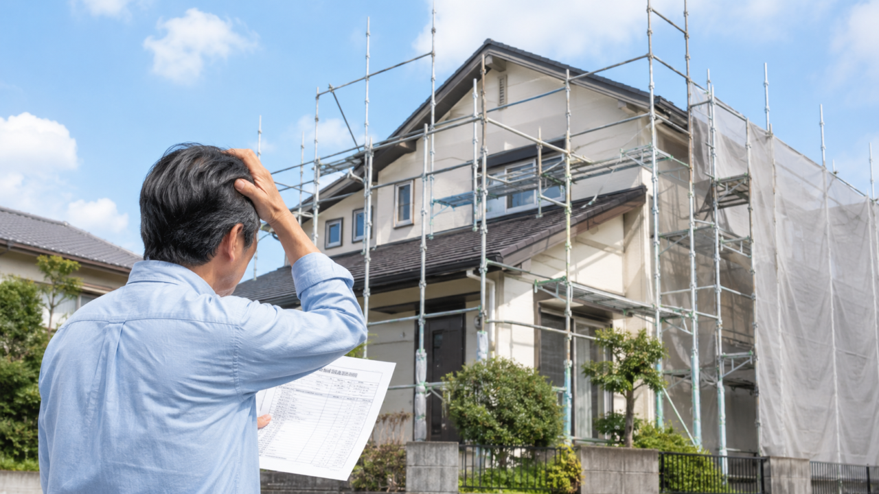 足場が組まれた家の前で見積書を見ている人